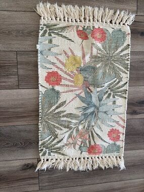 Cost Plus World Market Cream Woven Bath Rug with Coral Accents